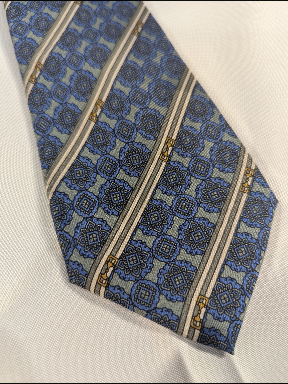 Vintage Gucci Silk Tie | Blue Medallion Print | Horsebit Stripe